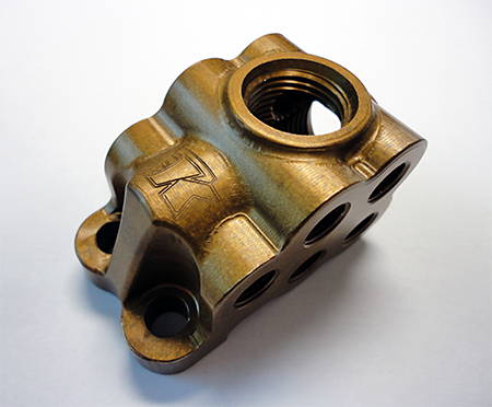Magnesium fuel-distribution block, finished with an anti-corrosive coating, completed with GibbsCAM